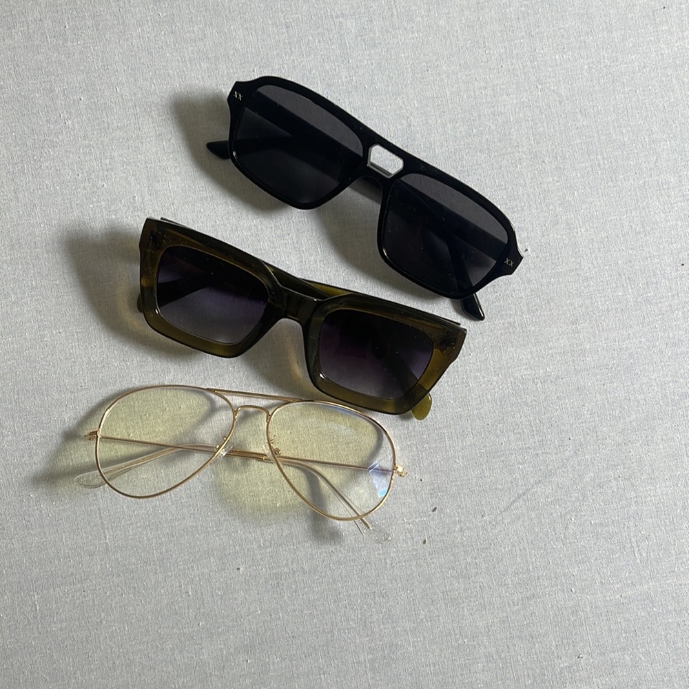 Blue light glasses, green and black sunglasses